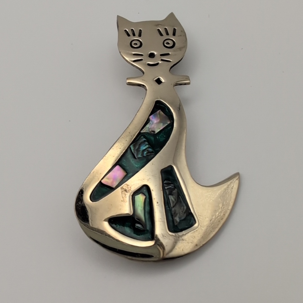 Cat Pendant Brooch - Green Abalone Accent - Picture 3 of 6